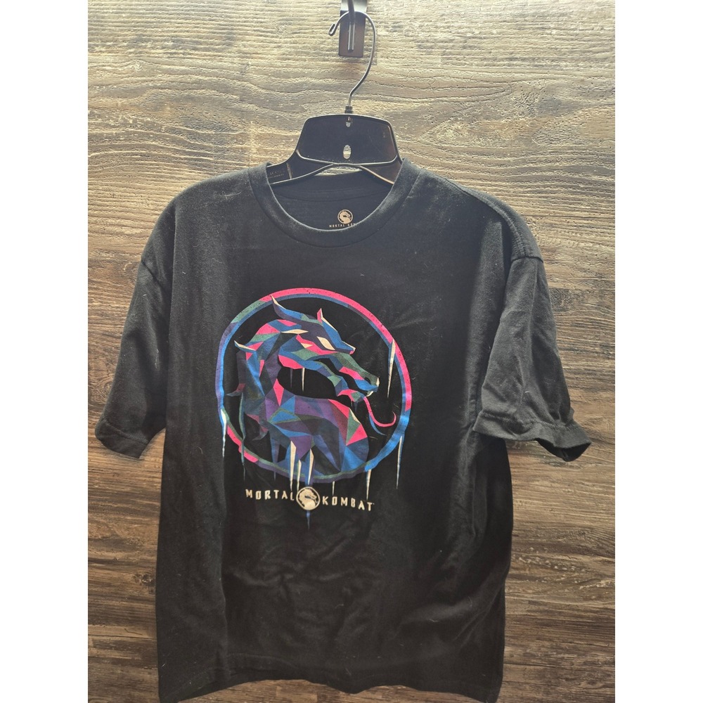 Mortal Kombat Mens Large Graphic T-Shirt Black Geometric Dragon Logo Cotton Tee